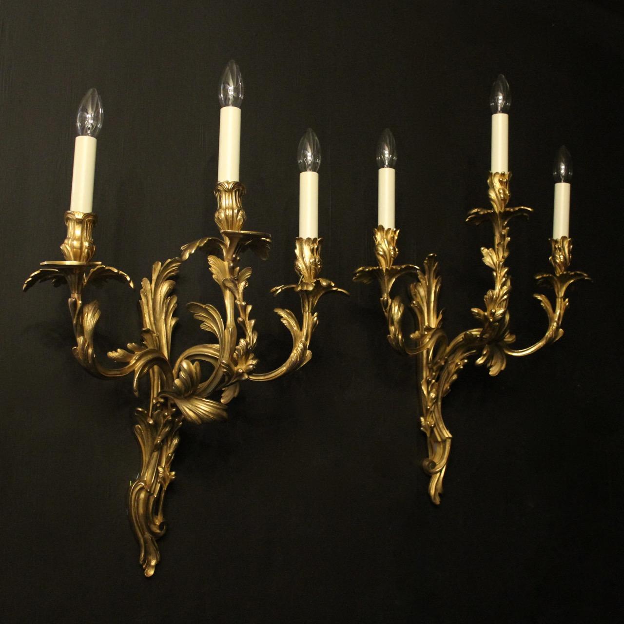French Pair of 19th Century Gilded Bronze Triple Arm Antique Wall Sconces 4