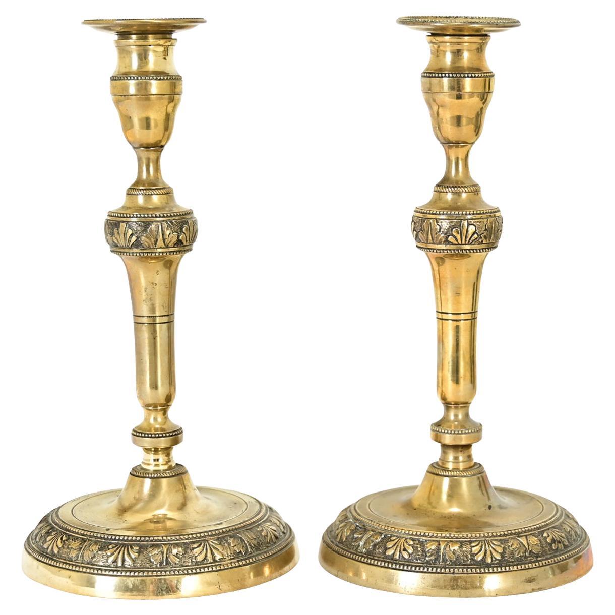 French Pair of 19th Century Louis XVI Brass Candlesticks