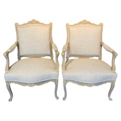 French Pair of 19th Century Updated Painted Louis XV Armchairs or Fauteuils