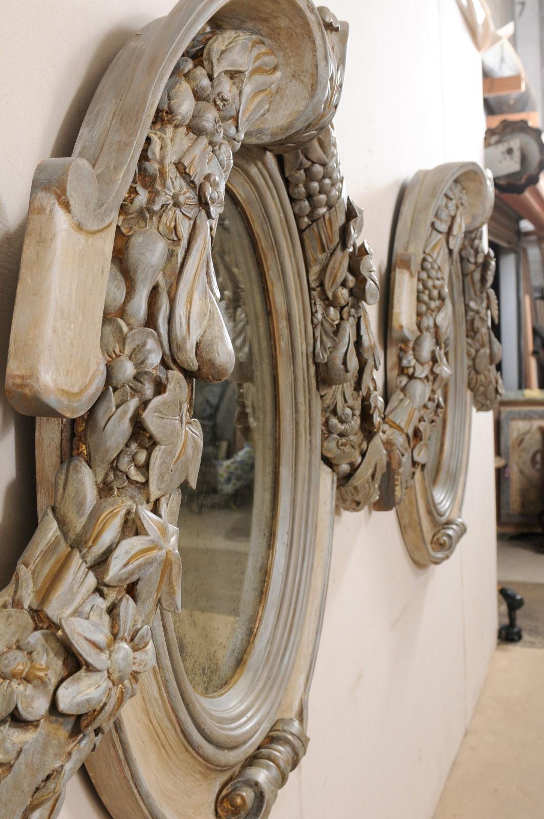 French Pair of Antique Cartouche & Floral Carved Mirrors For Sale 6