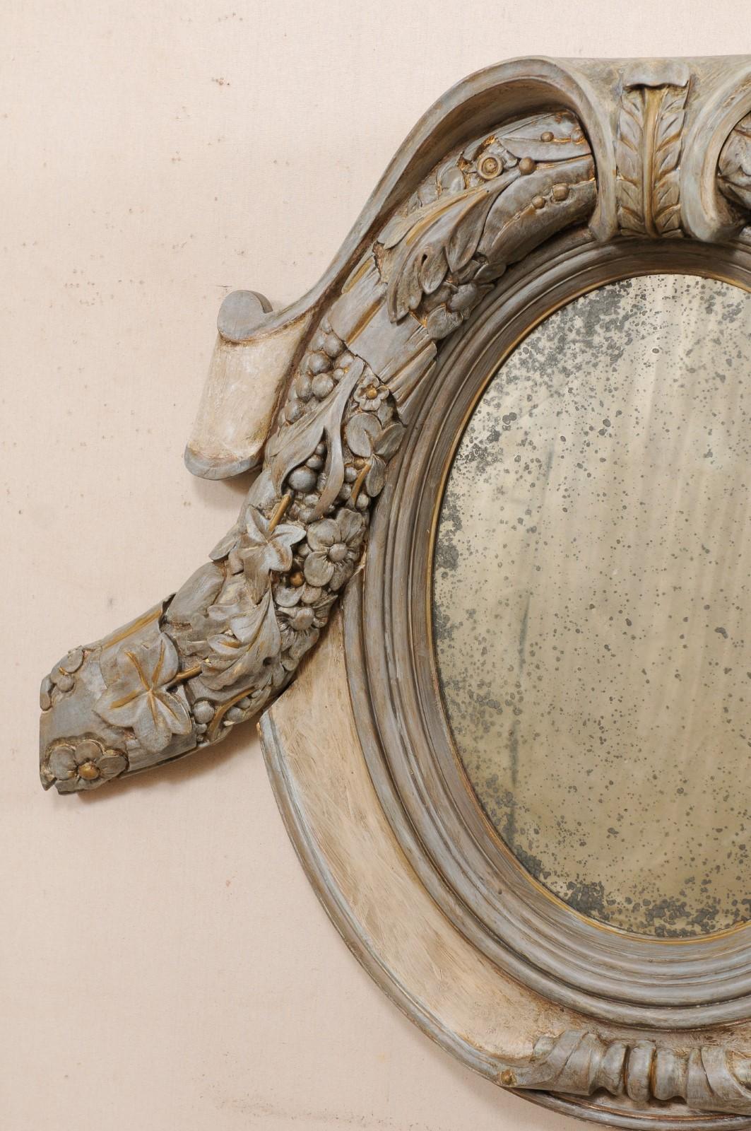 20th Century French Pair of Antique Cartouche & Floral Carved Mirrors For Sale
