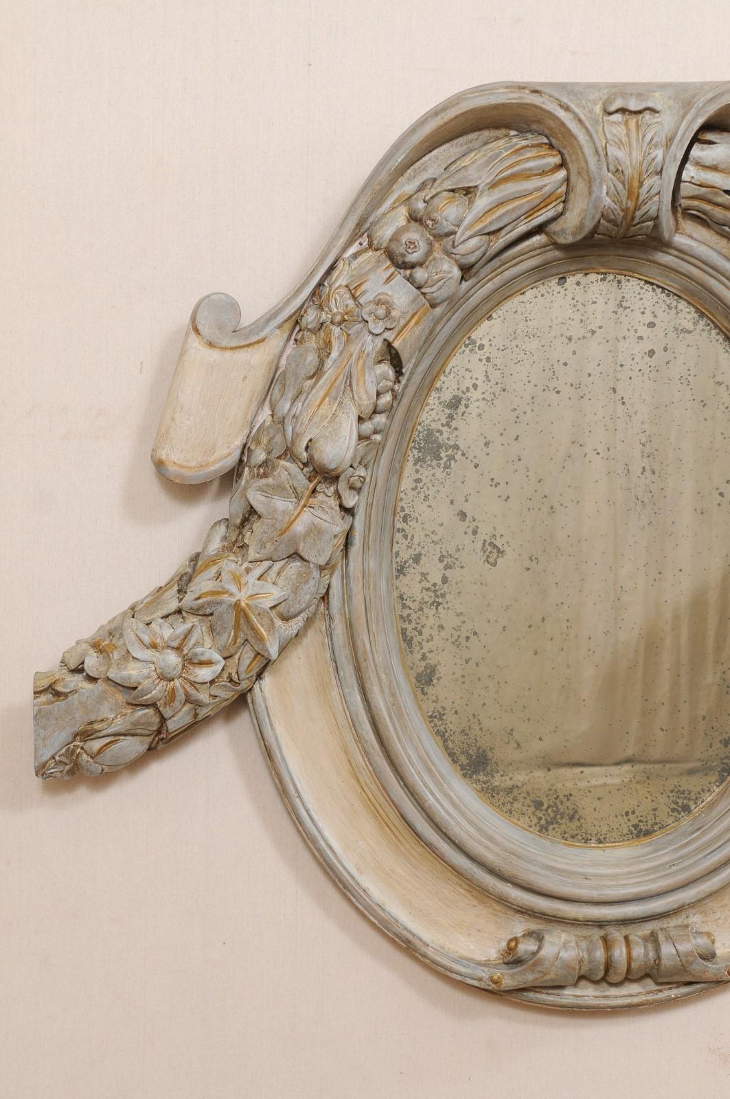 French Pair of Antique Cartouche & Floral Carved Mirrors For Sale 2