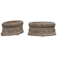 French Pair of Antique Carved-Stone Oval-Shaped Garden Planters