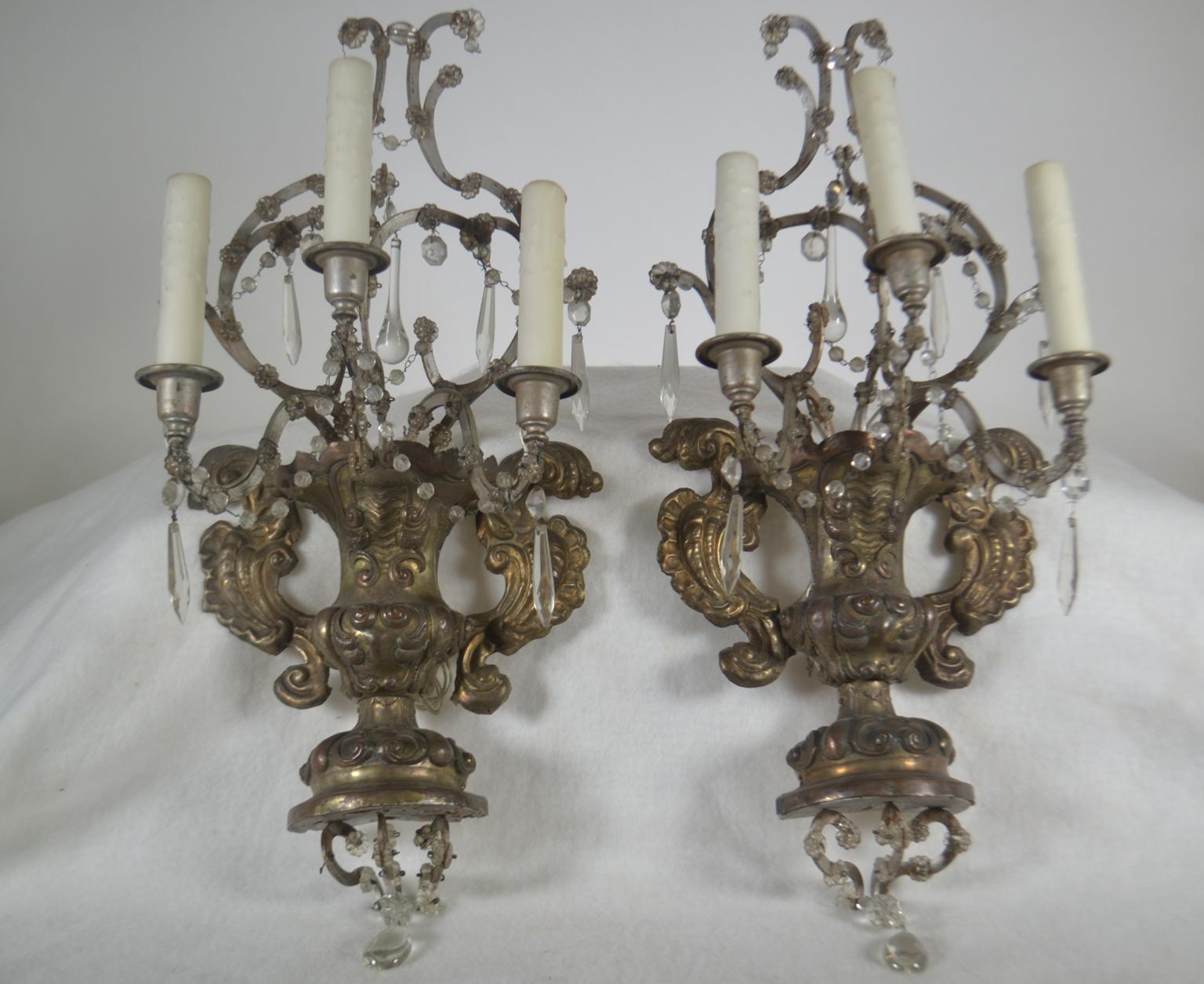 18th Century and Earlier French, Pair of Antique Reposse Three-Arm Wall Sconces