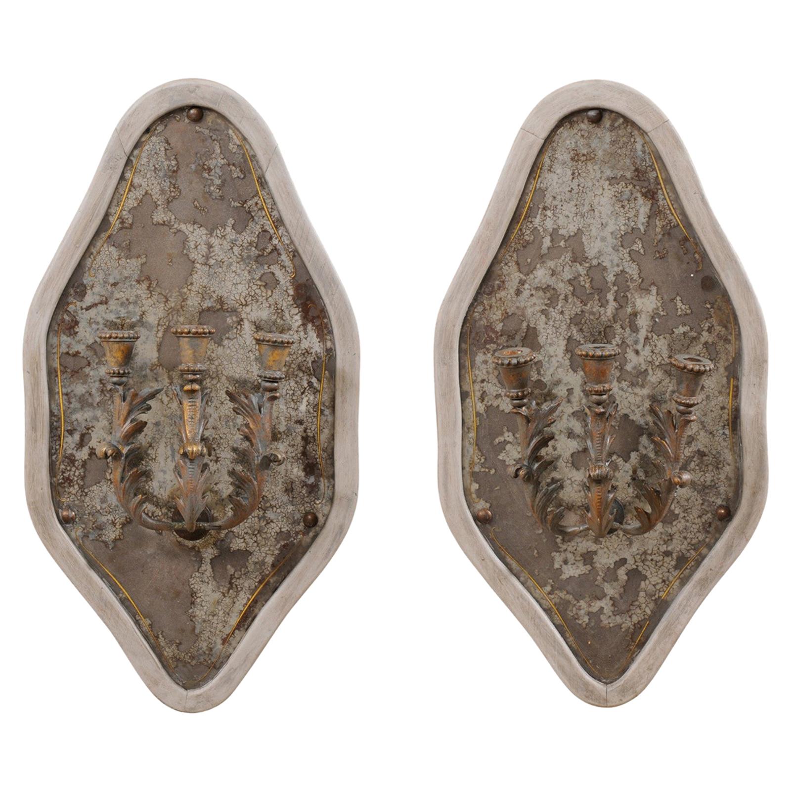 French Pair of Antiqued Mirrored Wall Plaques with Three-Light Candle Sconces