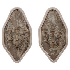 Antique French Pair of Antiqued Mirrored Wall Plaques with Three-Light Candle Sconces