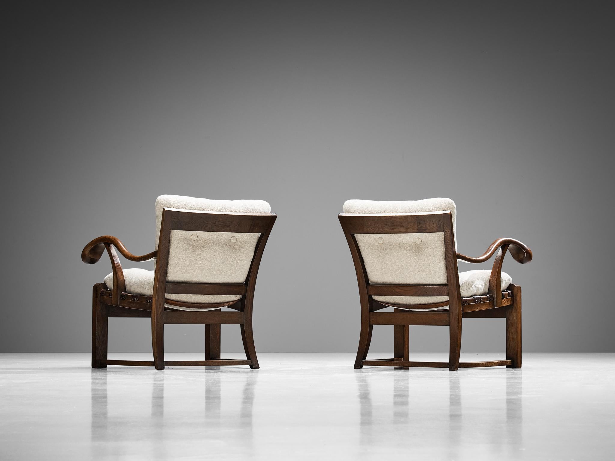 Mid-Century Modern French Pair of Armchairs in Oak and Off-White Wool For Sale