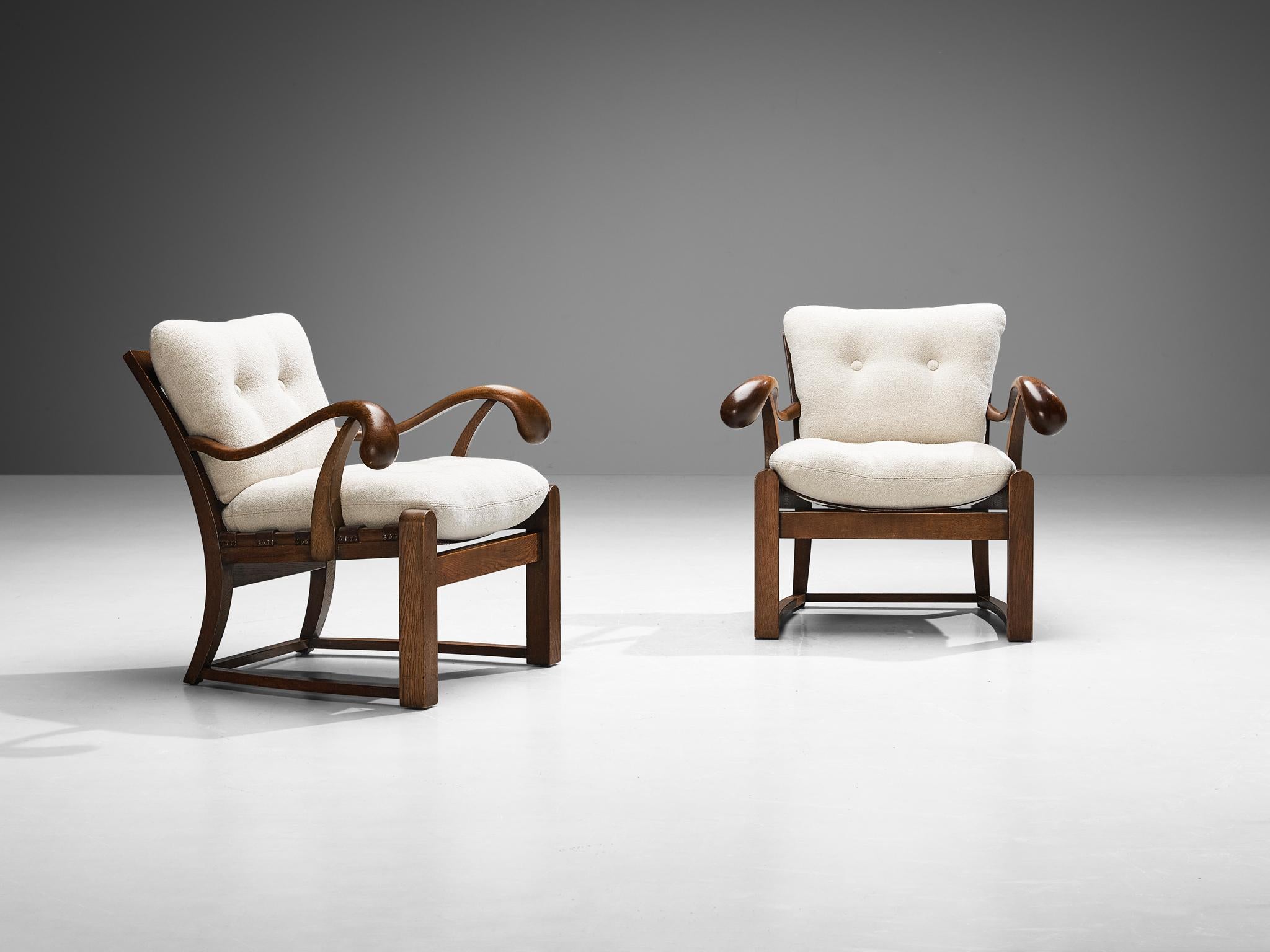 French Pair of Armchairs in Oak and Off-White Wool For Sale 2