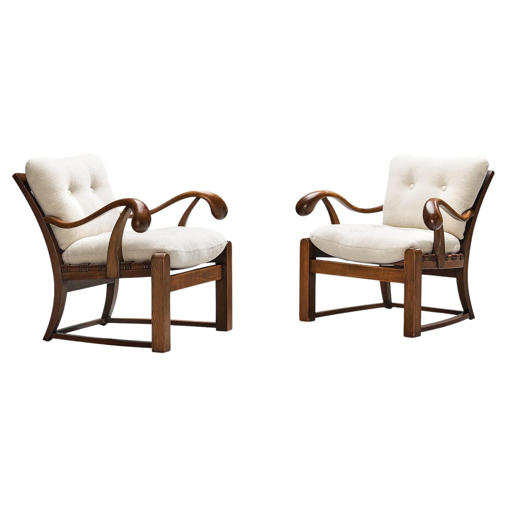 French Pair of Armchairs in Oak and Off-White Wool For Sale