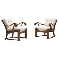 French Pair of Armchairs in Oak and Off-White Wool
