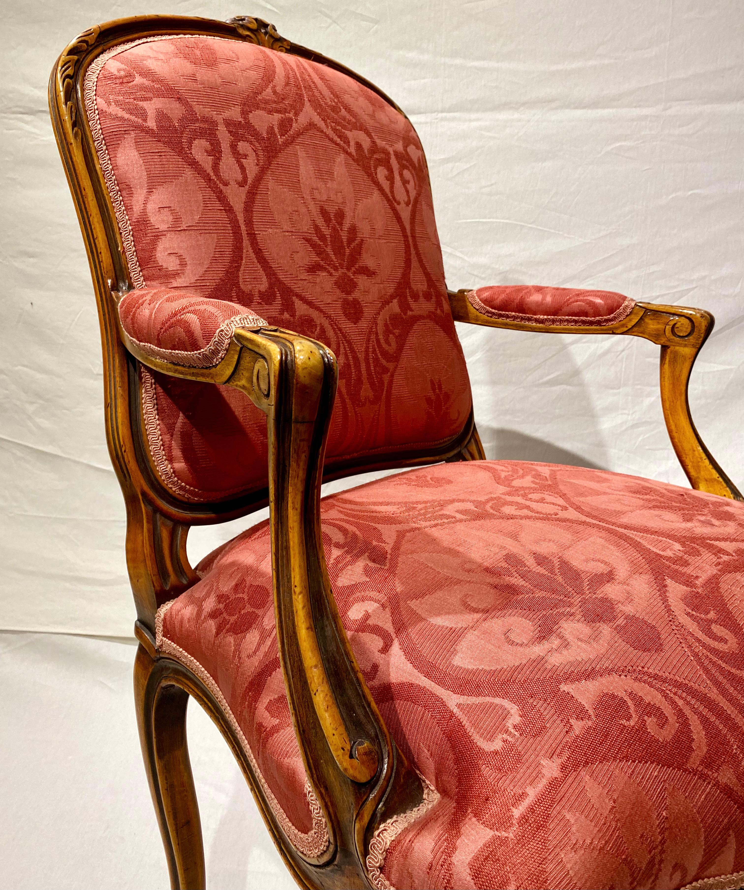 French Pair of Armchairs, Louis XV Montespan Style, 19th Century, Silk Damask 6