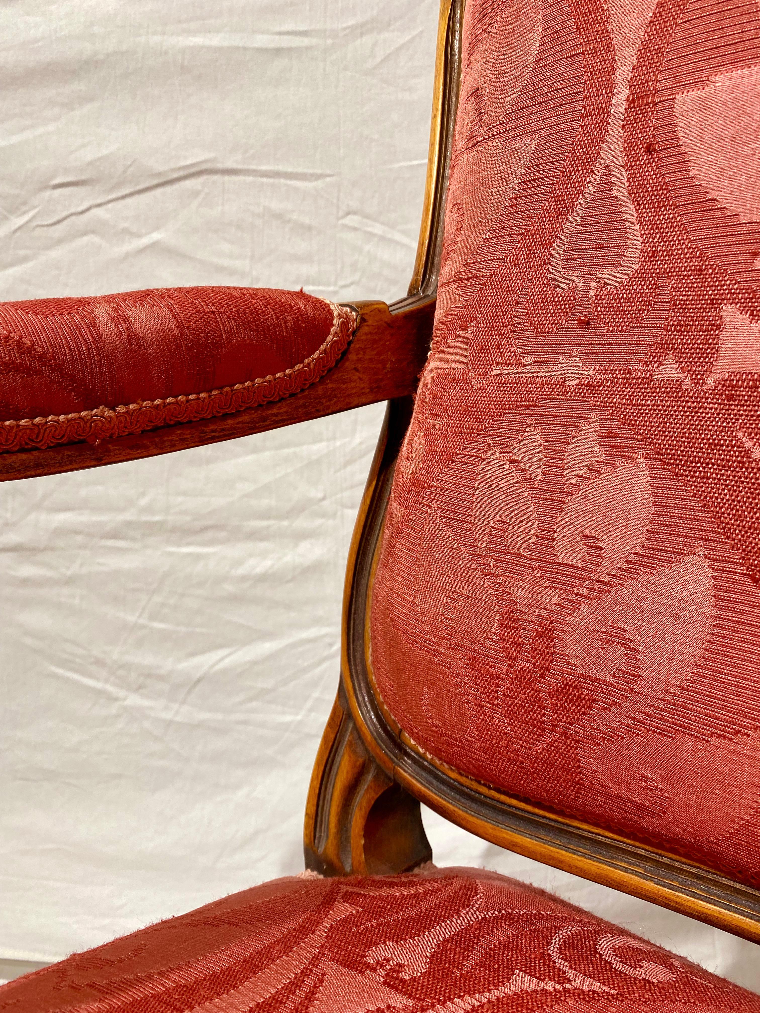 French Pair of Armchairs, Louis XV Montespan Style, 19th Century, Silk Damask 7
