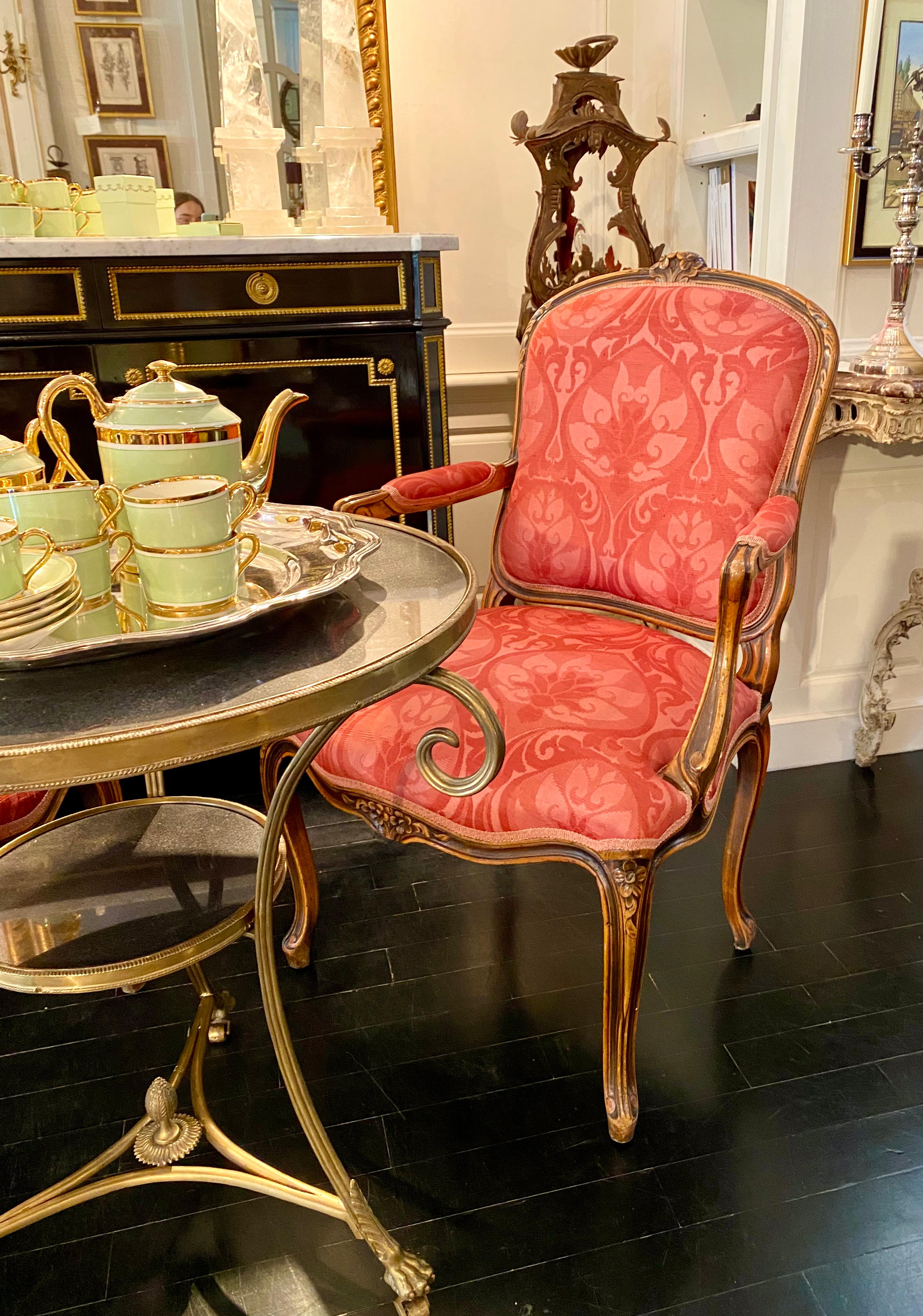 French Pair of Armchairs, Louis XV Montespan Style, 19th Century, Silk Damask 9
