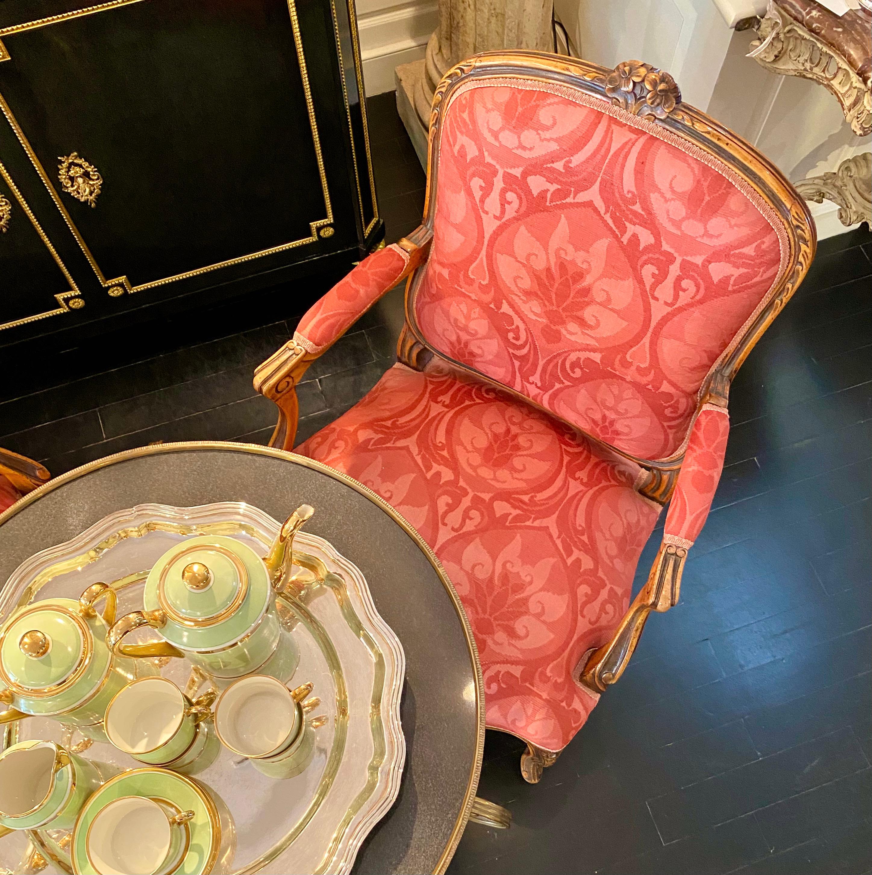 French Pair of Armchairs, Louis XV Montespan Style, 19th Century, Silk Damask 13