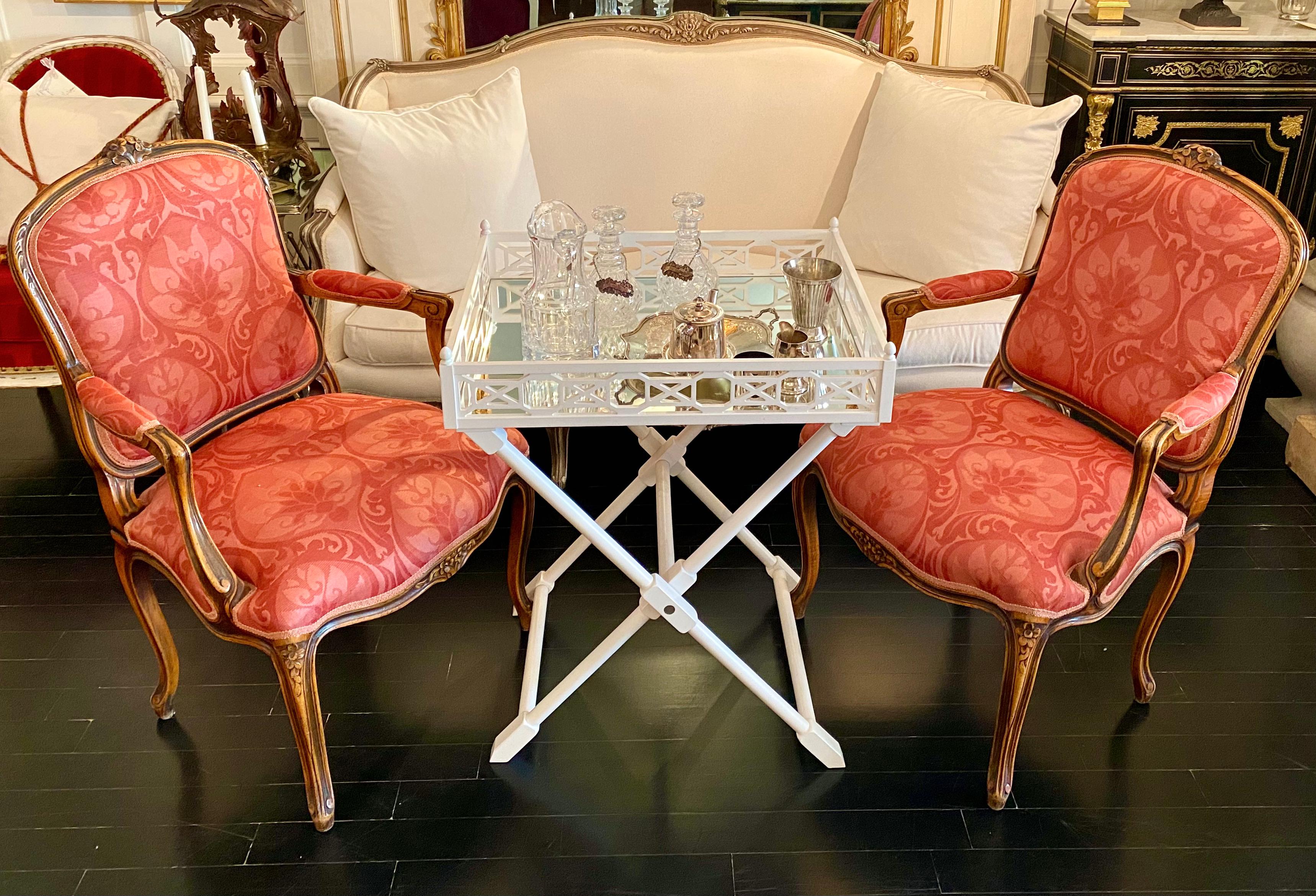 French Pair of Armchairs, Louis XV Montespan Style, 19th Century, Silk Damask 16