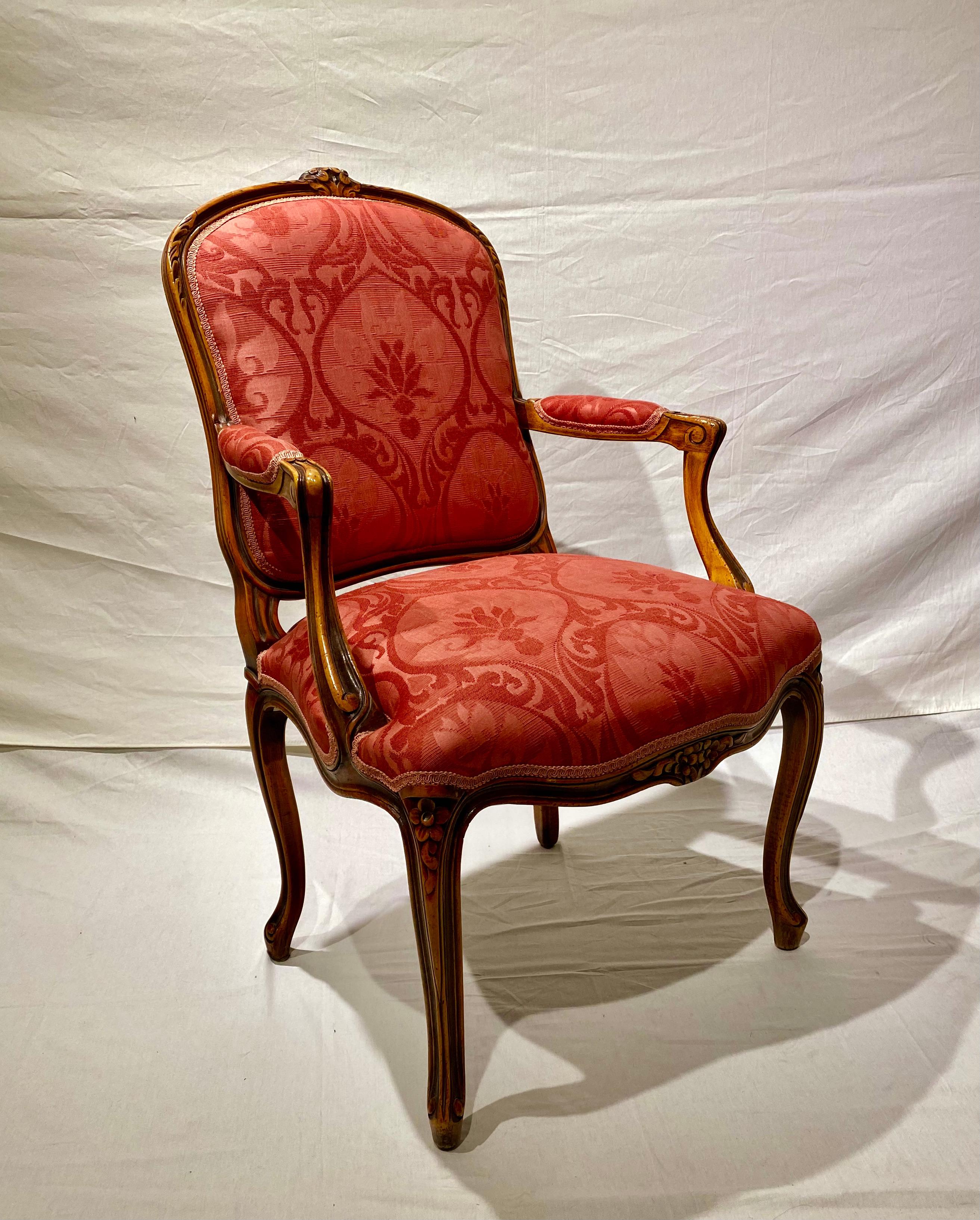 Burnished French Pair of Armchairs, Louis XV Montespan Style, 19th Century, Silk Damask