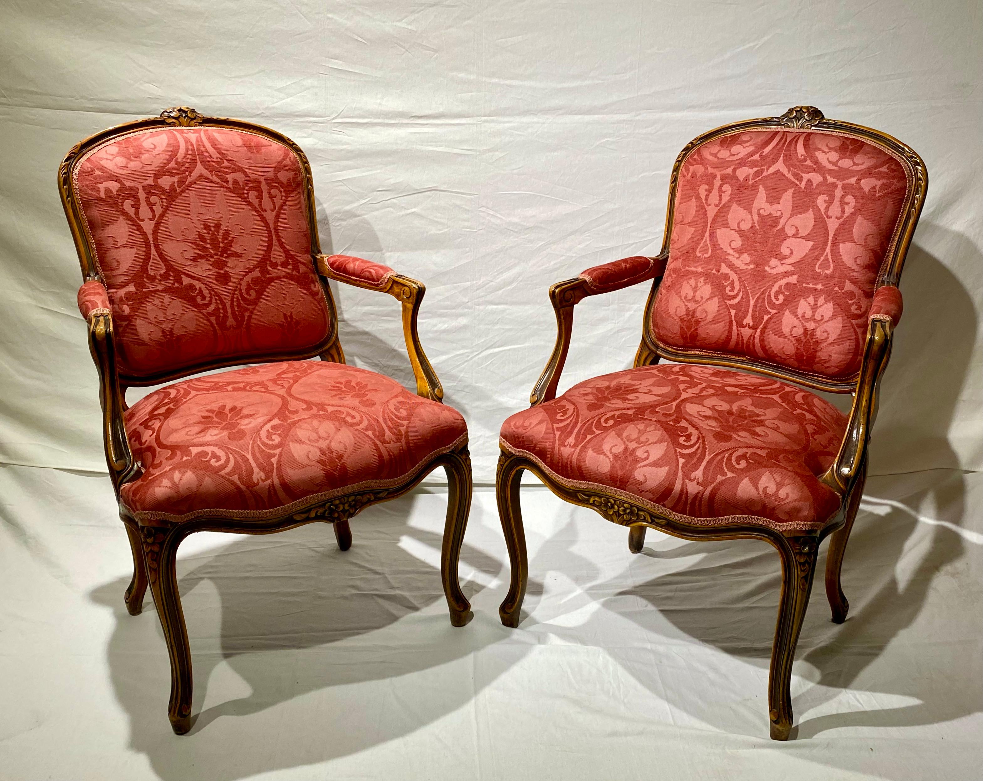 French Pair of Armchairs, Louis XV Montespan Style, 19th Century, Silk Damask 1