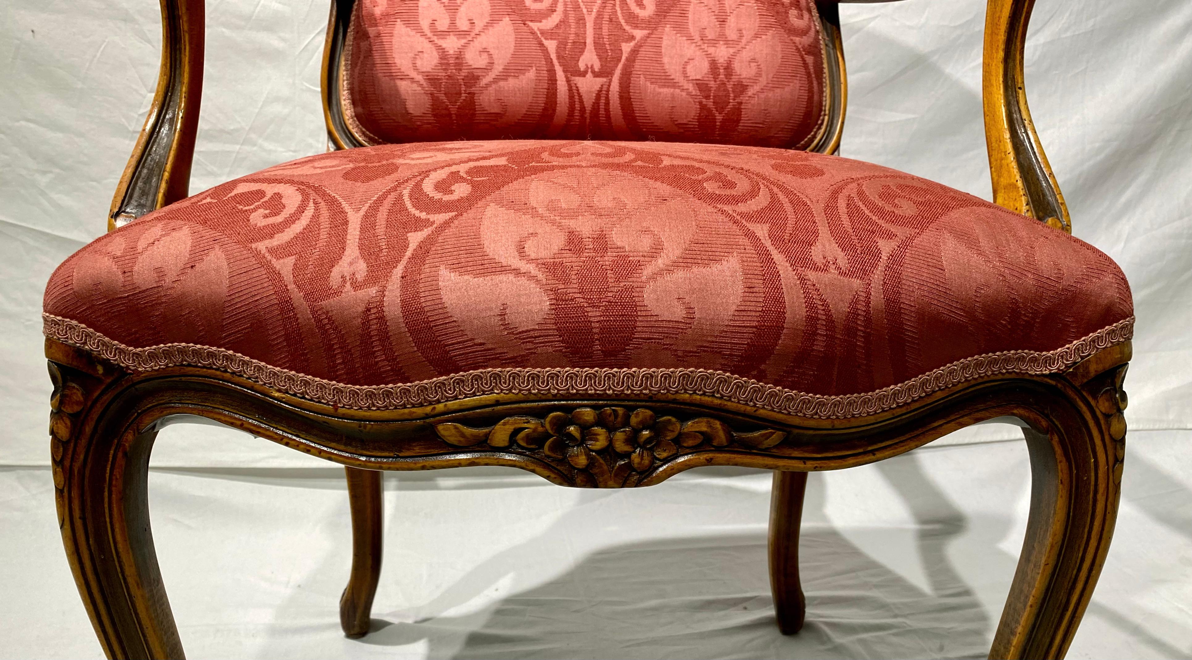 French Pair of Armchairs, Louis XV Montespan Style, 19th Century, Silk Damask 2