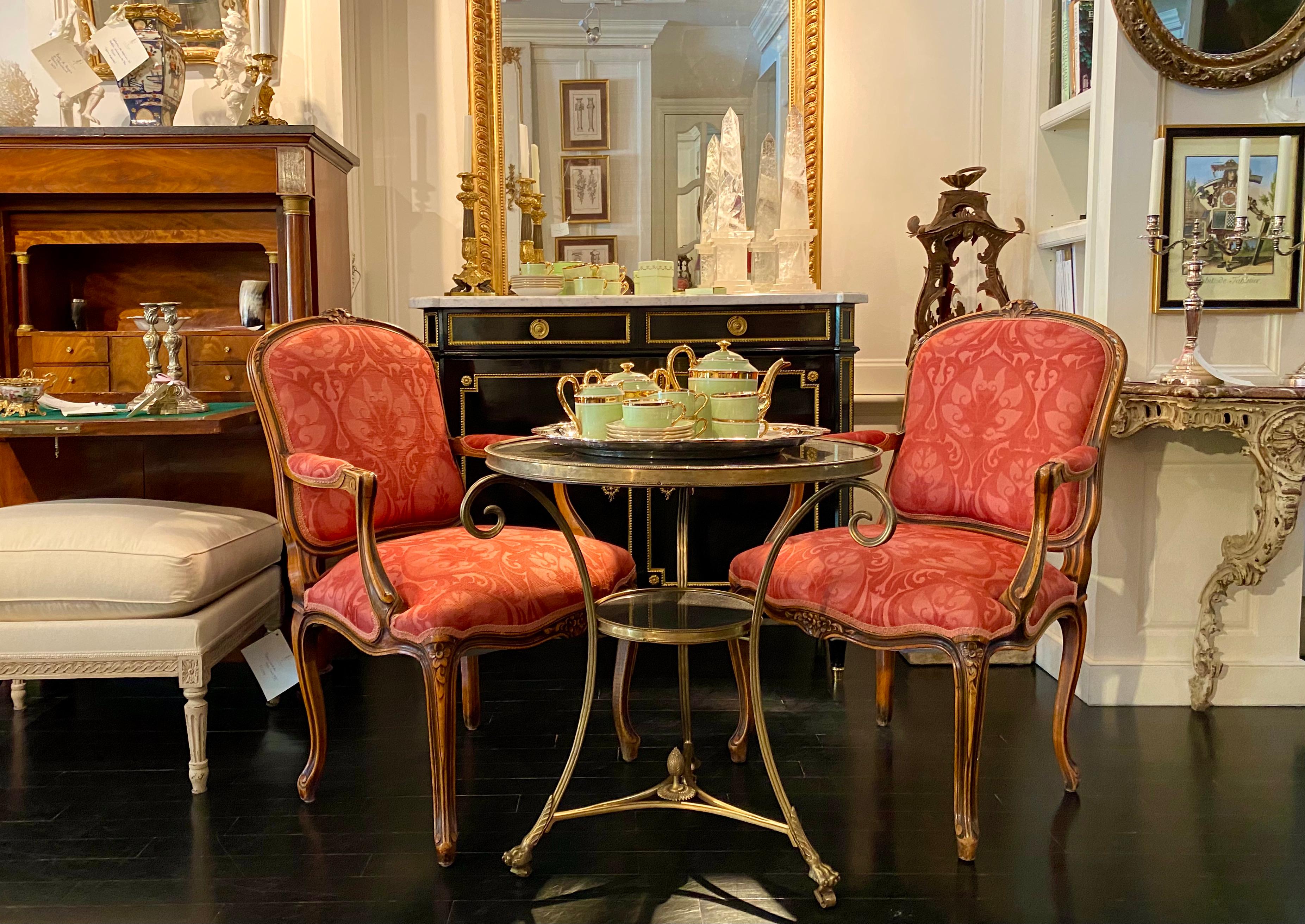 French Pair of Armchairs, Louis XV Montespan Style, 19th Century, Silk Damask 5