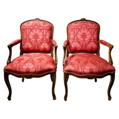 French Pair of Armchairs, Louis XV Montespan Style, 19th Century, Silk Damask