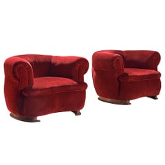 French Pair of Art Deco Club Chairs in Red Velvet