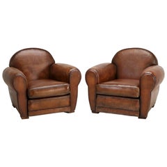 Antique French Pair of Art Deco Leather Club Chairs, Correctly Restored Inside and Out