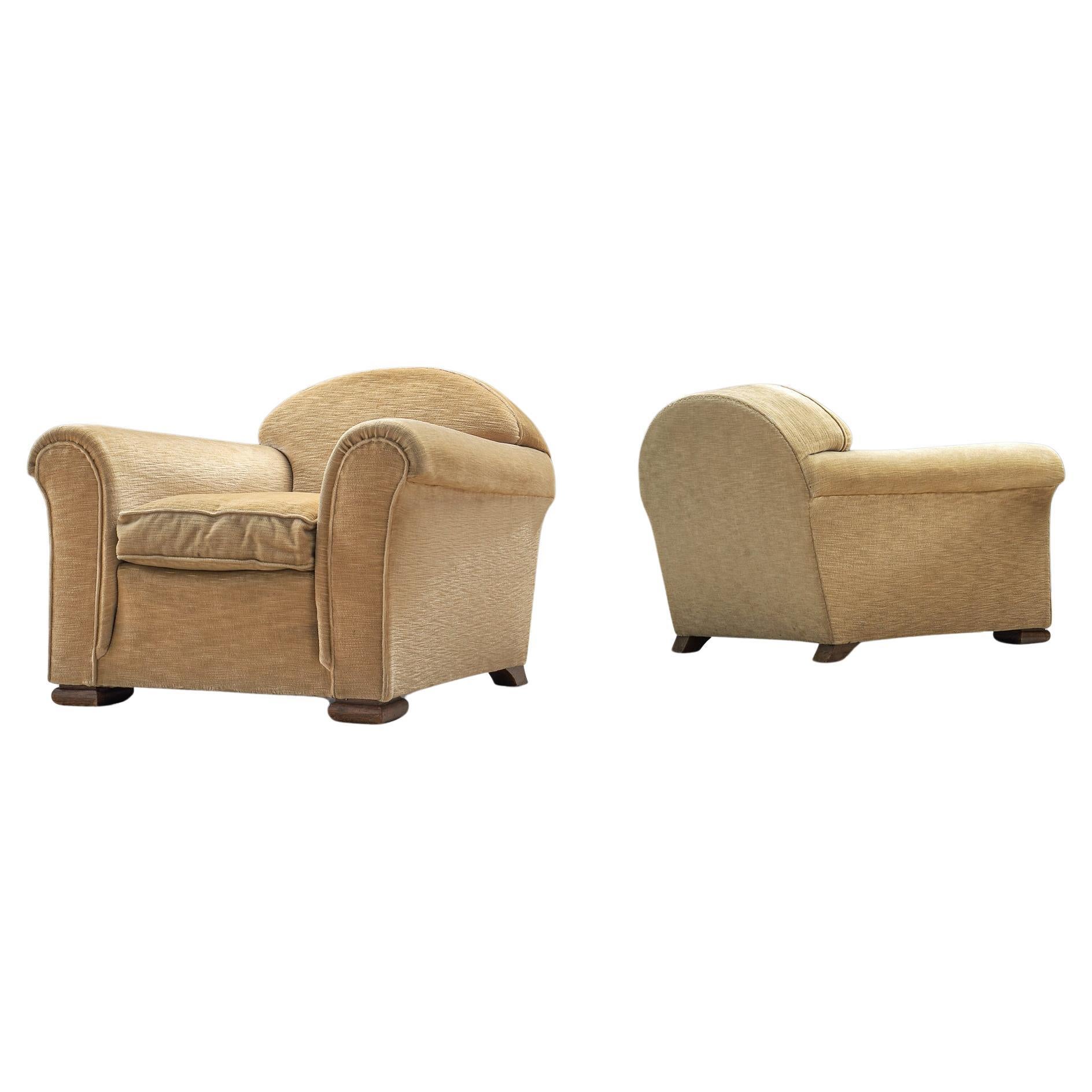 French Pair of Art Deco Lounge Chairs in Beige Upholstery  For Sale