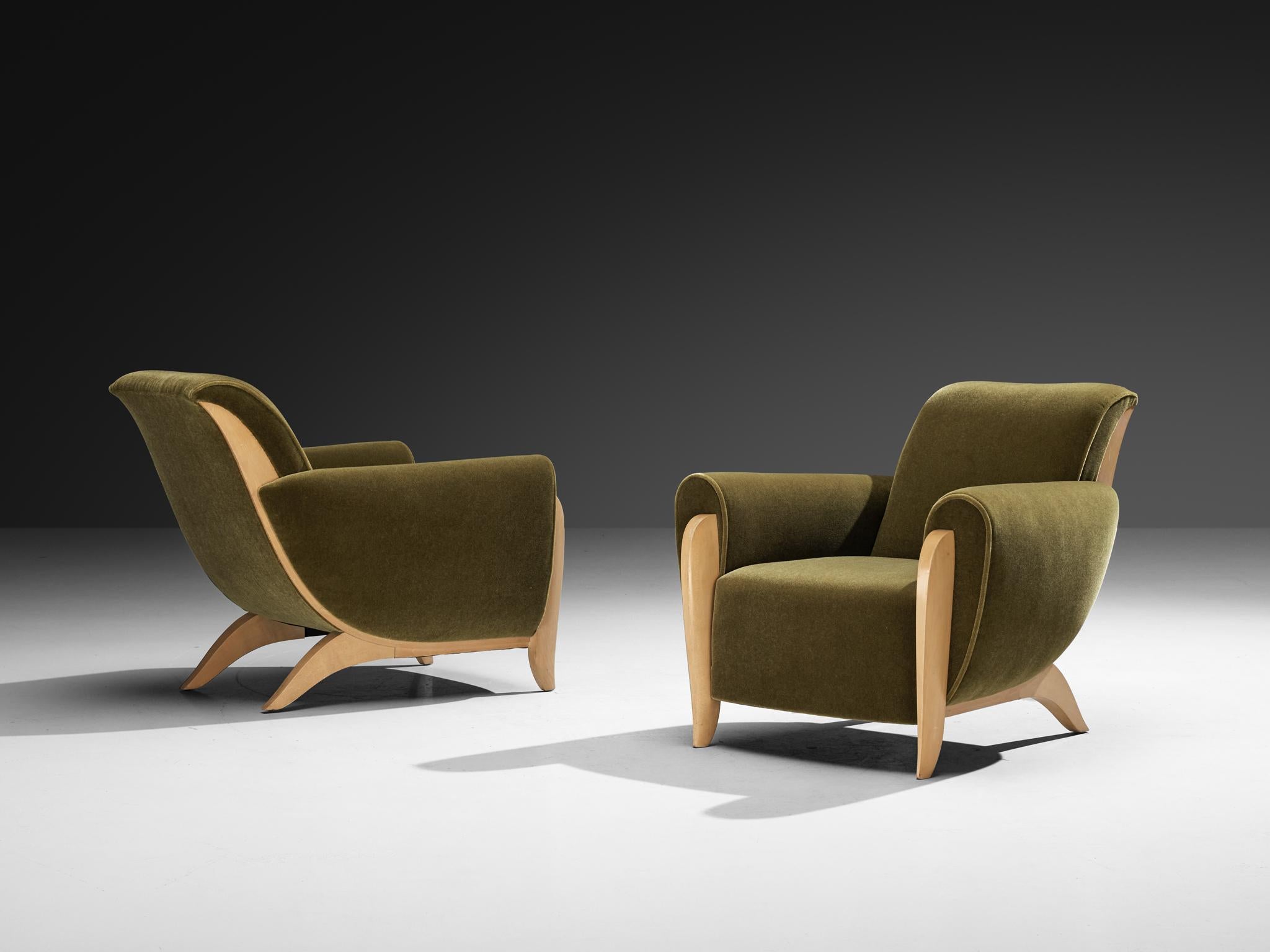 Pair of armchairs, fabric, birch, France, circa 1930.

These beautifully designed lounge chairs are created in one of the most influential periods for the arts namely the Art Deco Movement. These rare lounge chair originate from France and show