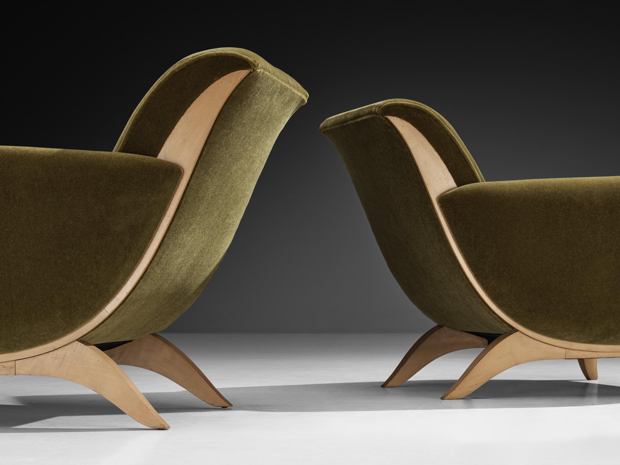 French Pair of Art Deco Lounge Chairs in Green Upholstery In Good Condition In Waalwijk, NL