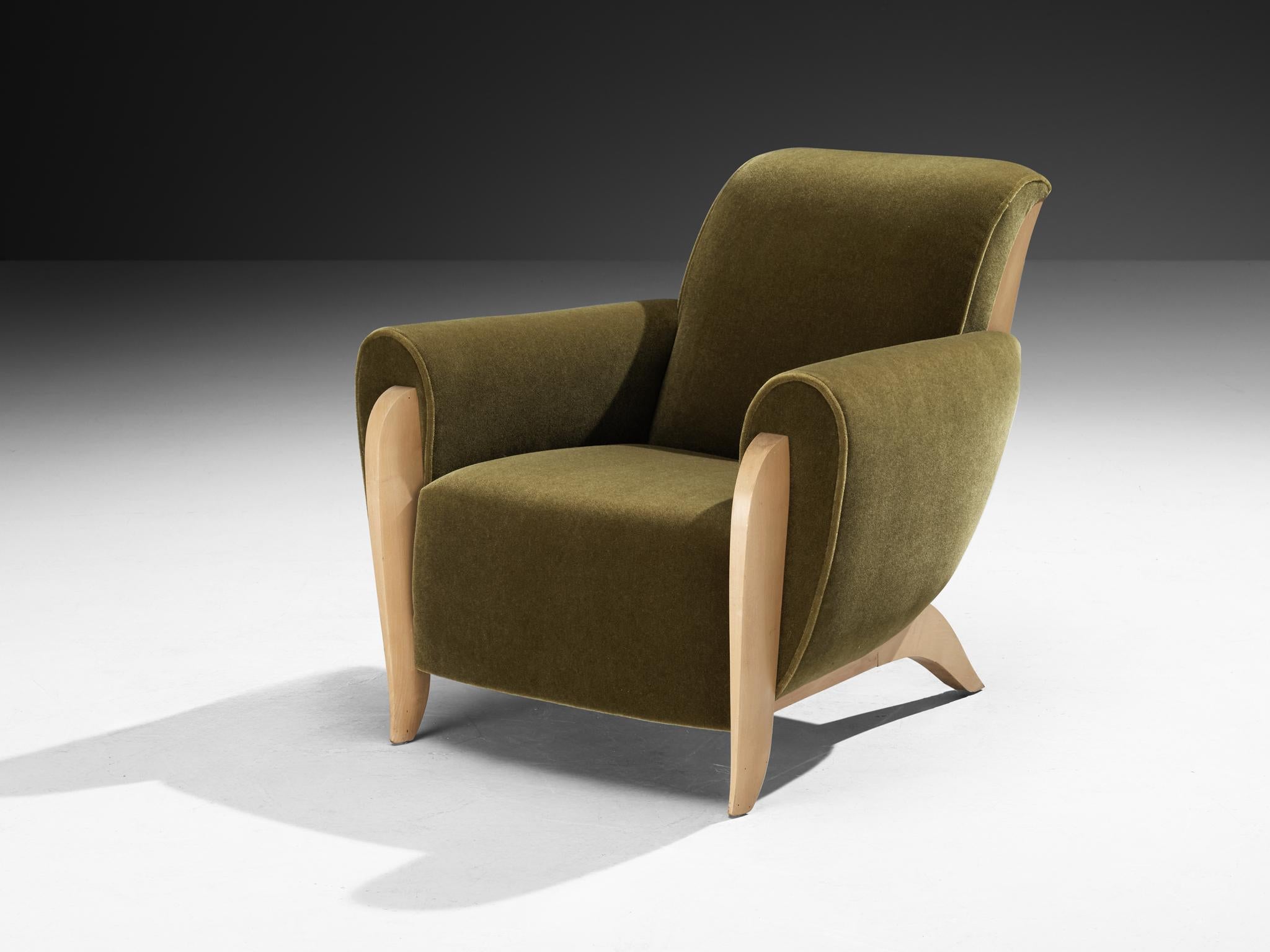 Mid-20th Century French Pair of Art Deco Lounge Chairs in Green Upholstery