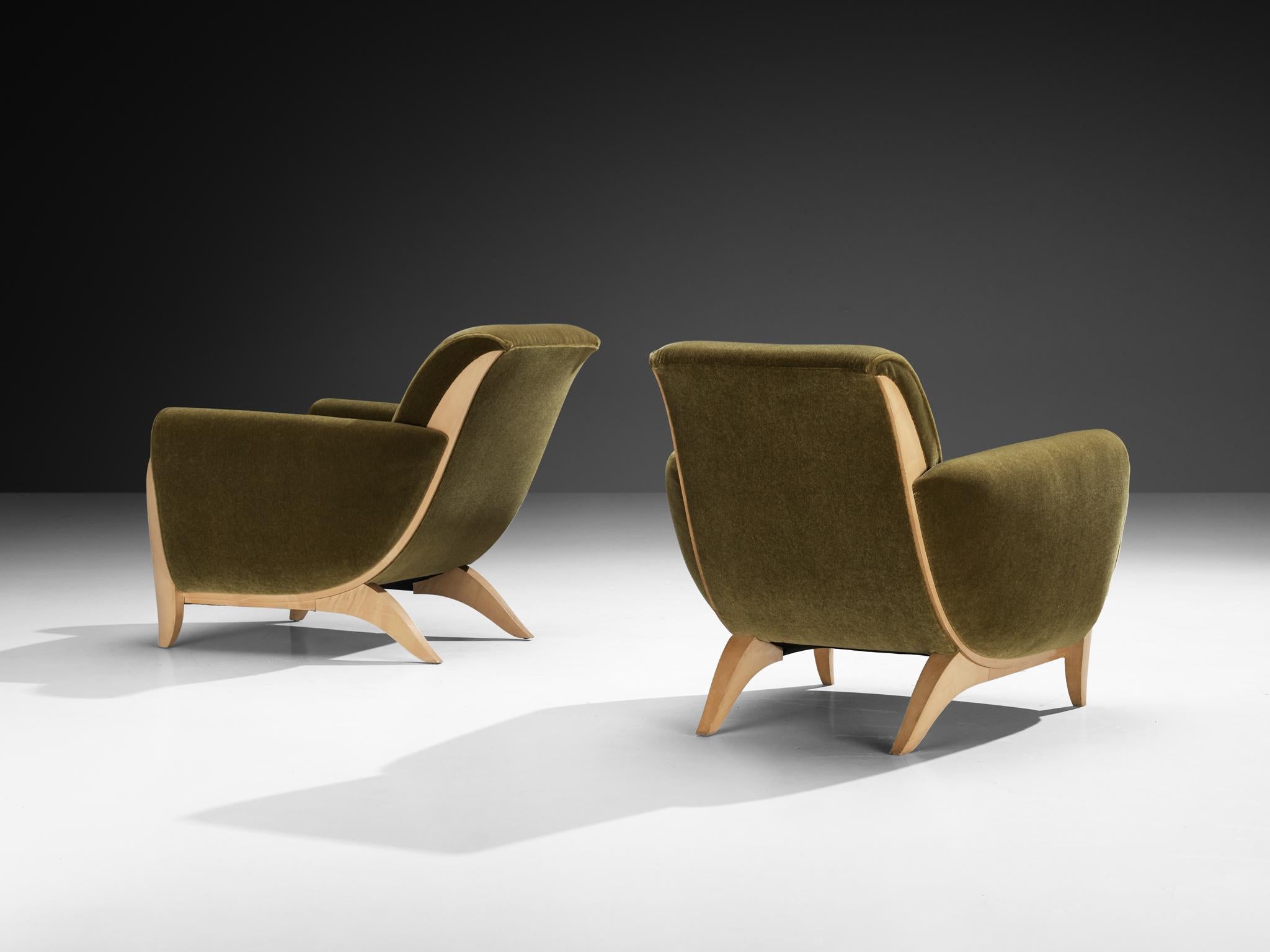 Fabric French Pair of Art Deco Lounge Chairs in Green Upholstery