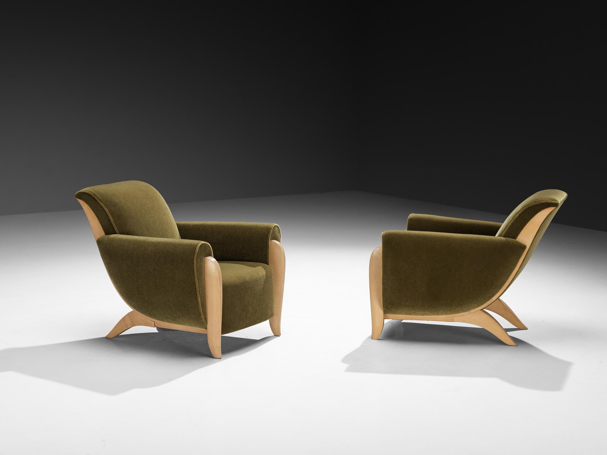 French Pair of Art Deco Lounge Chairs in Green Upholstery 3