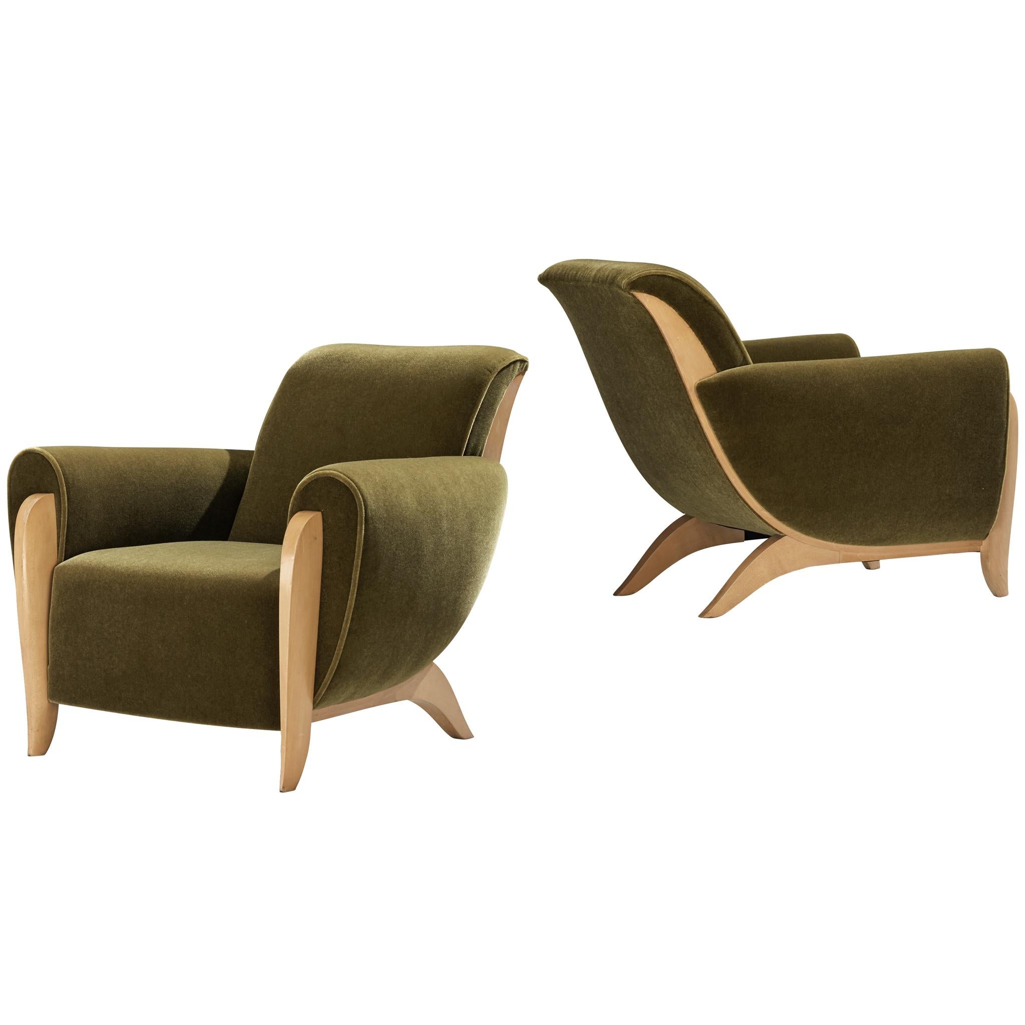 French Pair of Art Deco Lounge Chairs in Green Upholstery