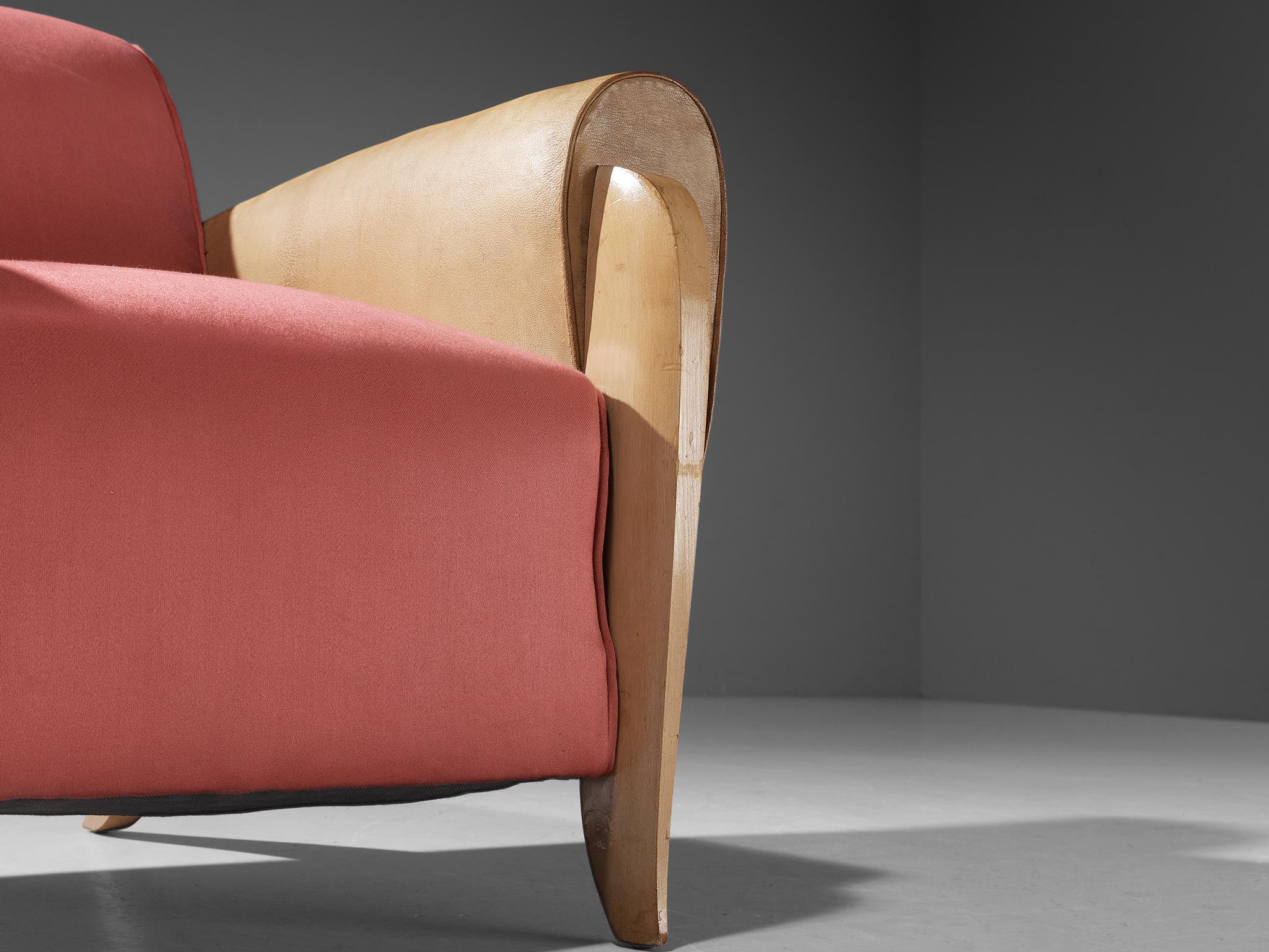 French Pair of Art Deco Lounge Chairs in Leather and Pink Silk 5