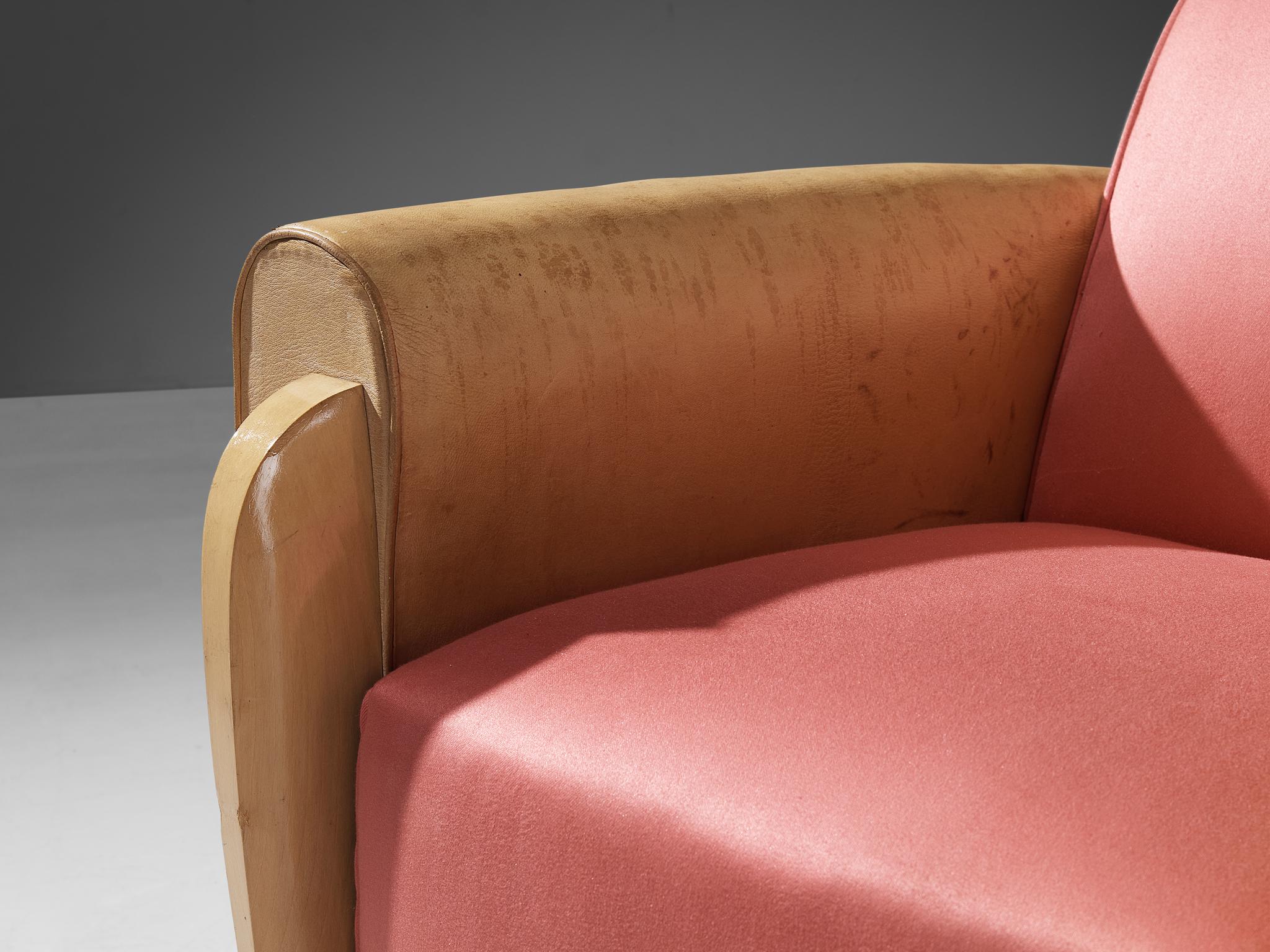 French Pair of Art Deco Lounge Chairs in Leather and Pink Silk 6