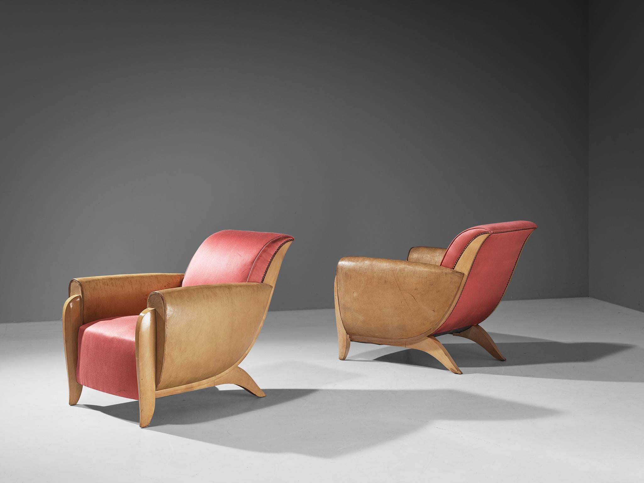 French Pair of Art Deco Lounge Chairs in Leather and Pink Silk 2