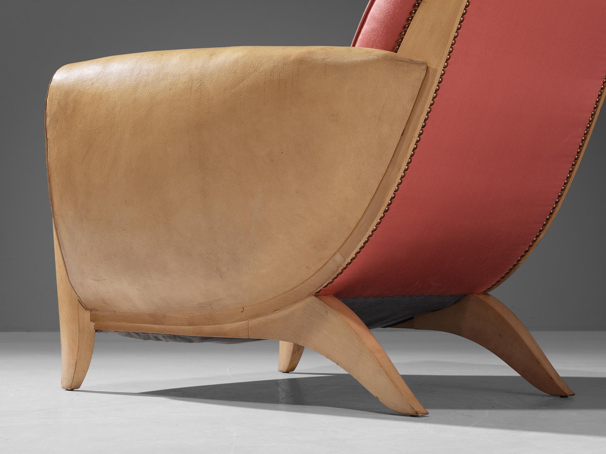 French Pair of Art Deco Lounge Chairs in Leather and Pink Silk 3