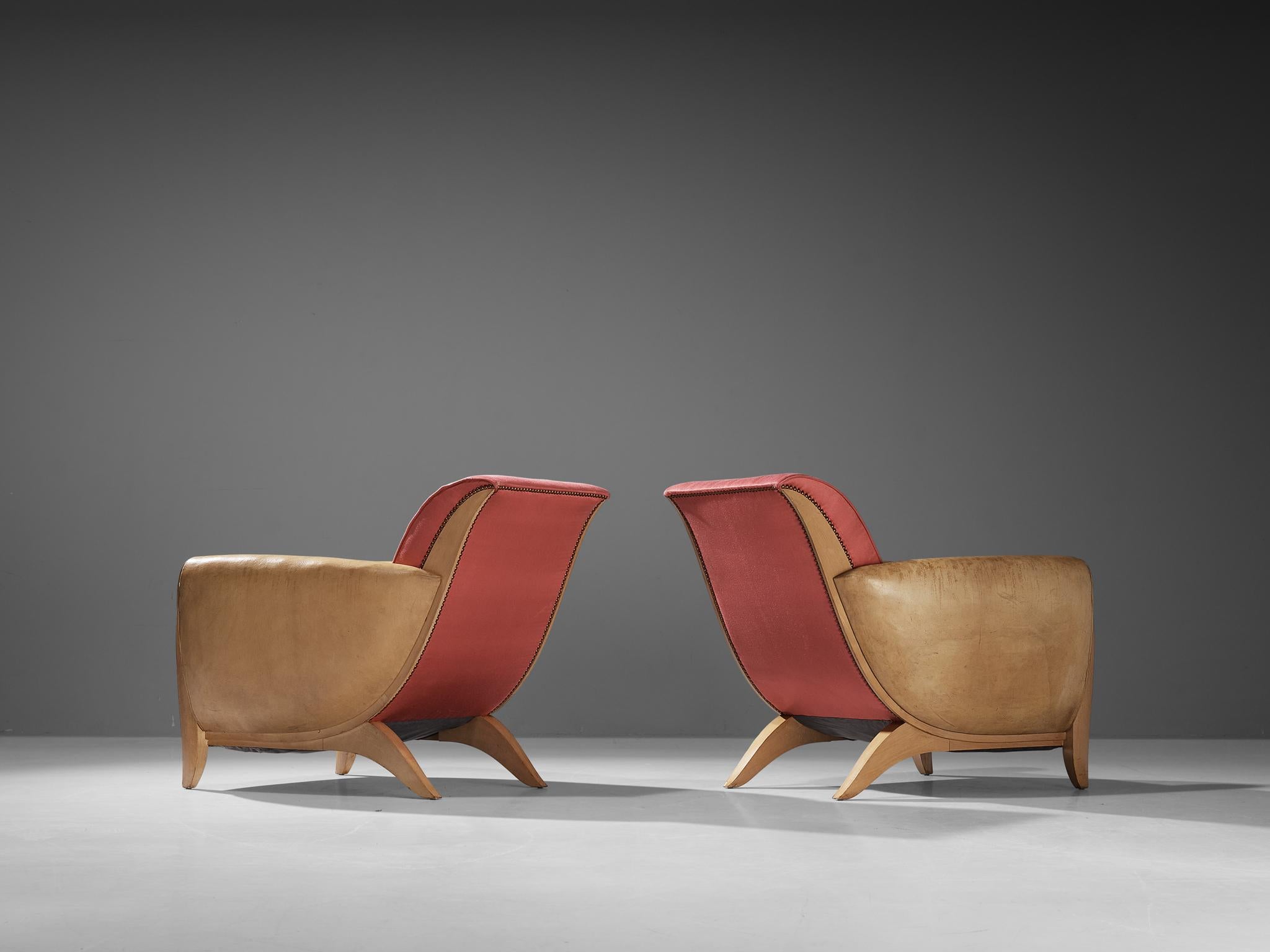French Pair of Art Deco Lounge Chairs in Leather and Pink Silk 4