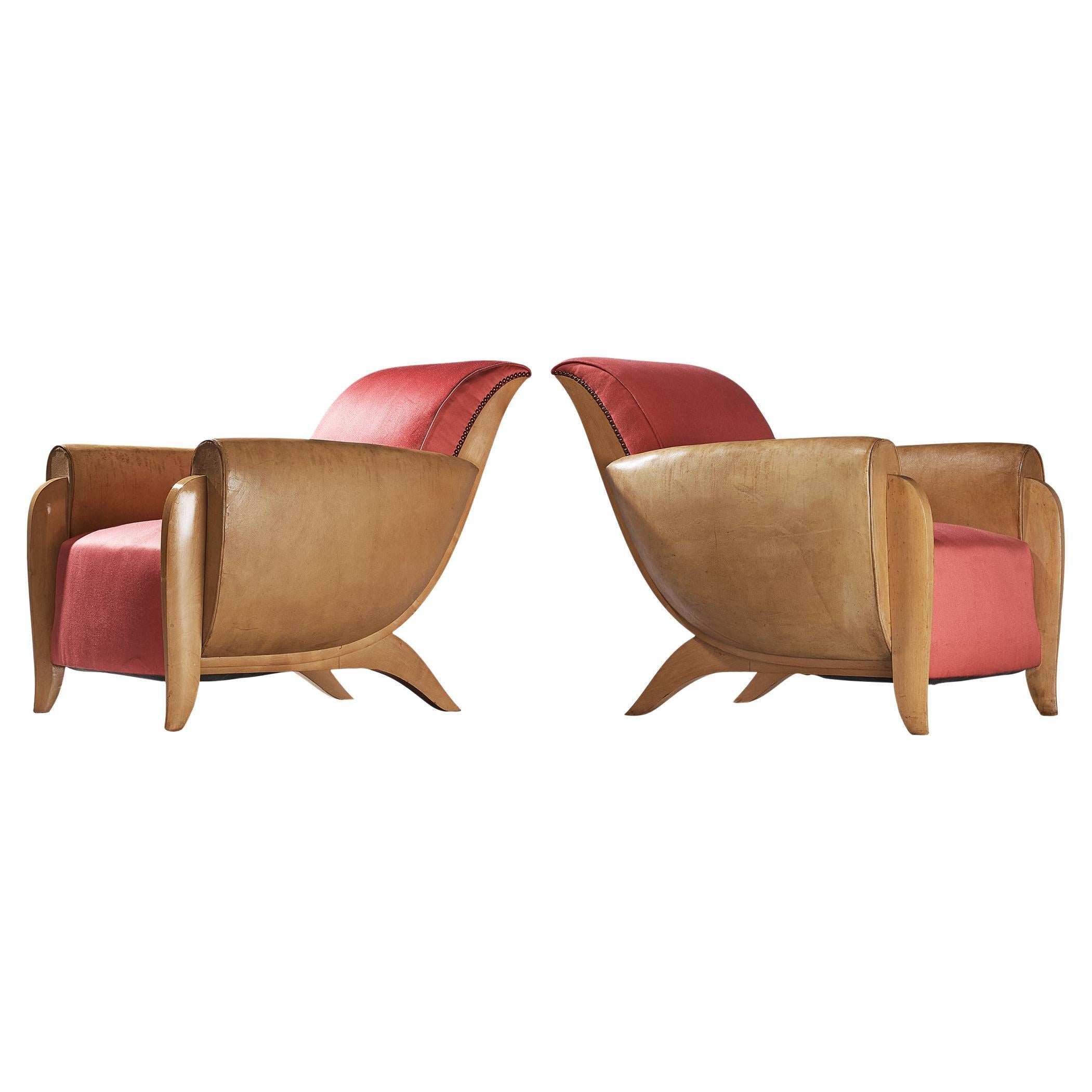 Paire de chaises longues Art Déco françaises en cuir et soie rose  en vente