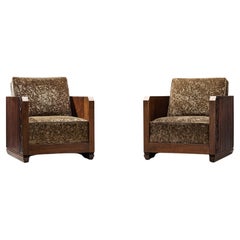 French Pair of Art Deco Lounge Chairs in Mahogany and Brown Velour