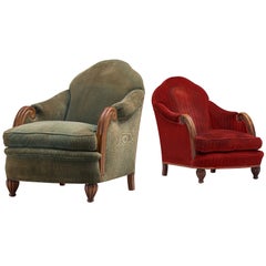 French Pair of Art Deco Lounge Chairs in Red and Green Velvet