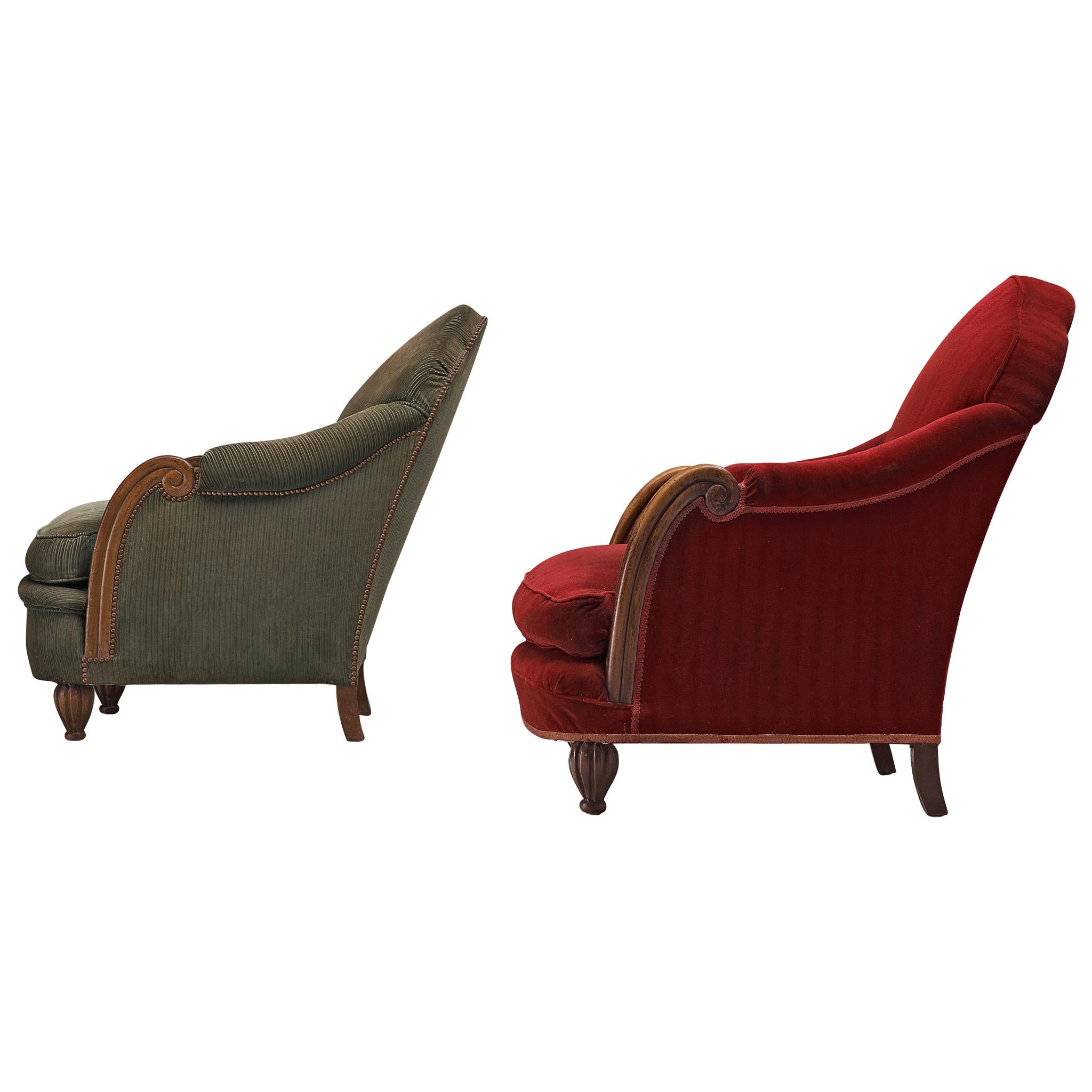 French Pair of Art Deco Lounge Chairs in Red and Green Velvet