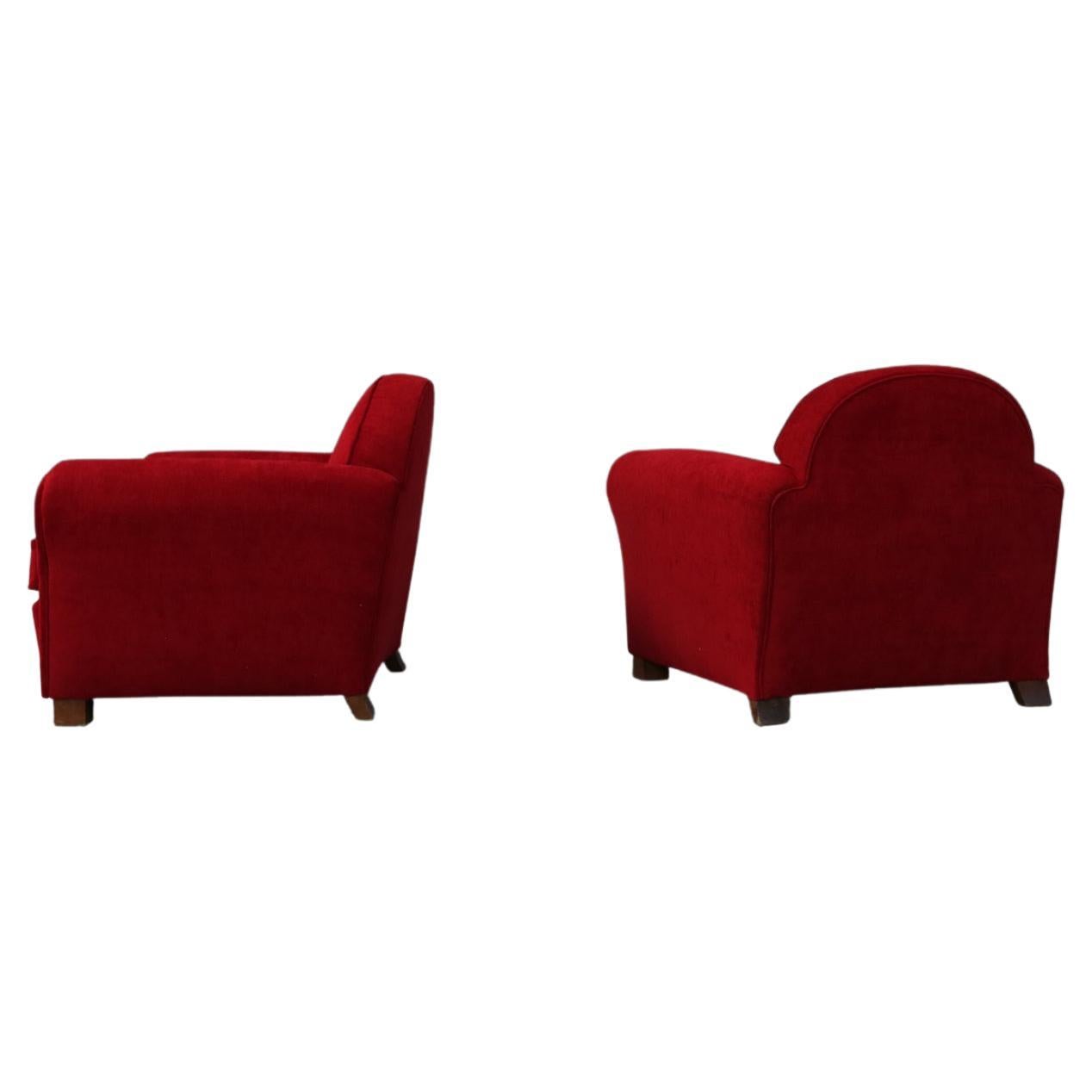 French Pair of Art Deco Lounge Chairs in Red Velvet For Sale
