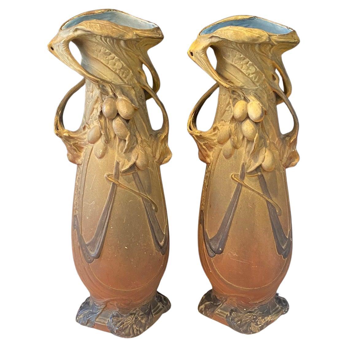 French Pair of Art Nouveau 19th Century Porcelain Vases For Sale