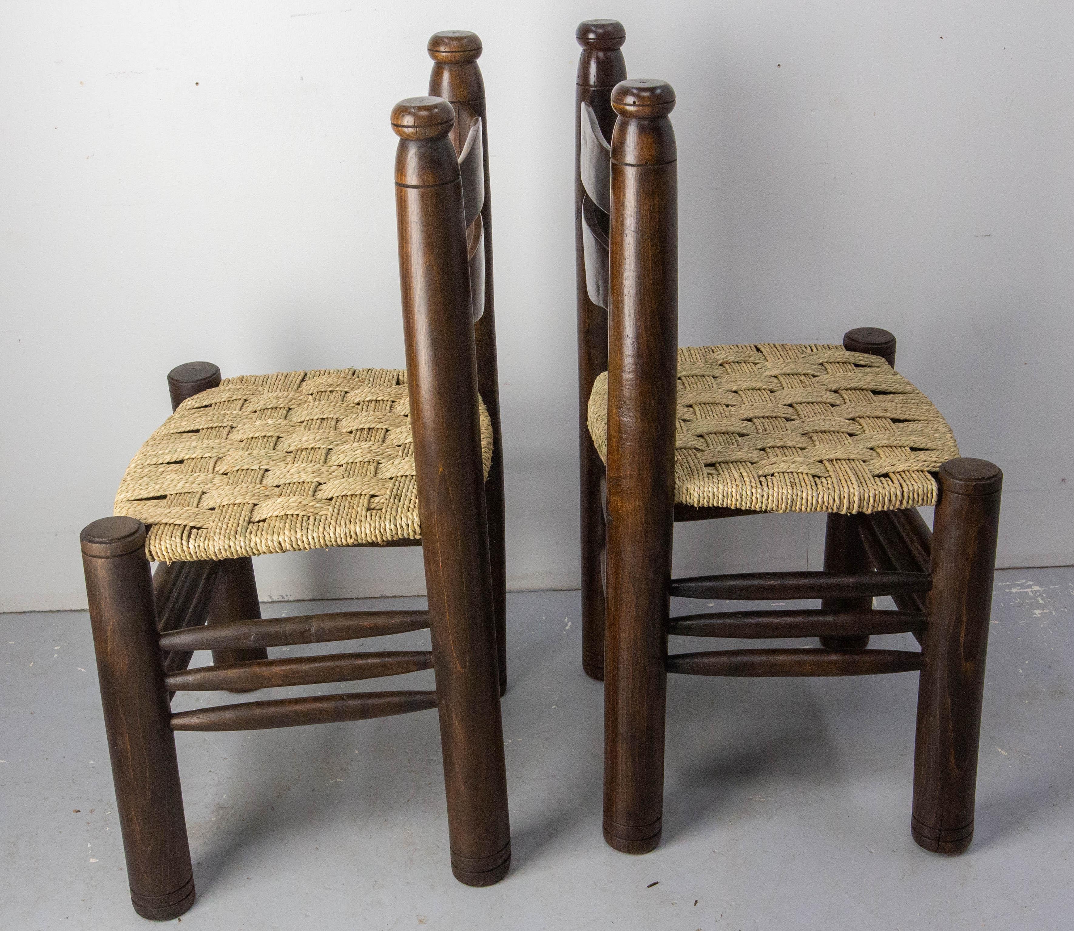 Metà XX secolo French Pair of Ash Wood & Straw Chairs by Dudouyt, circa 1940 in vendita