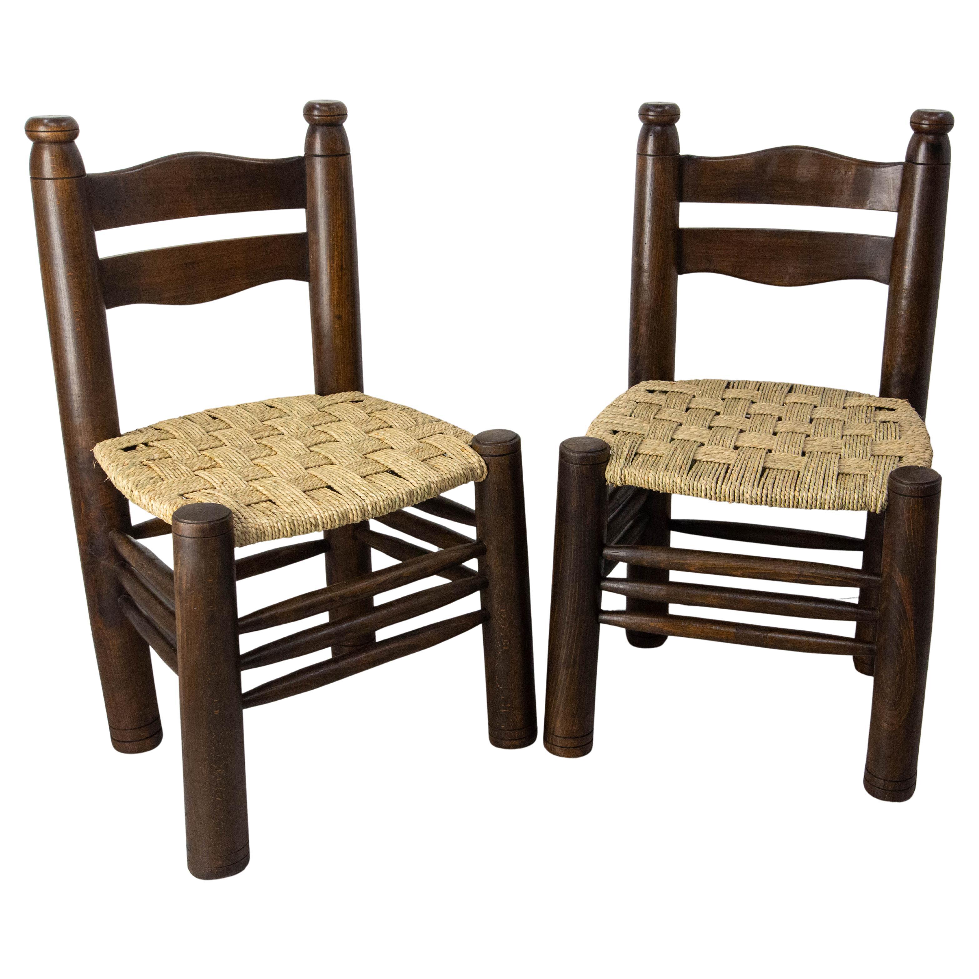 French Pair of Ash Wood & Straw Chairs by Dudouyt, circa 1940 in vendita