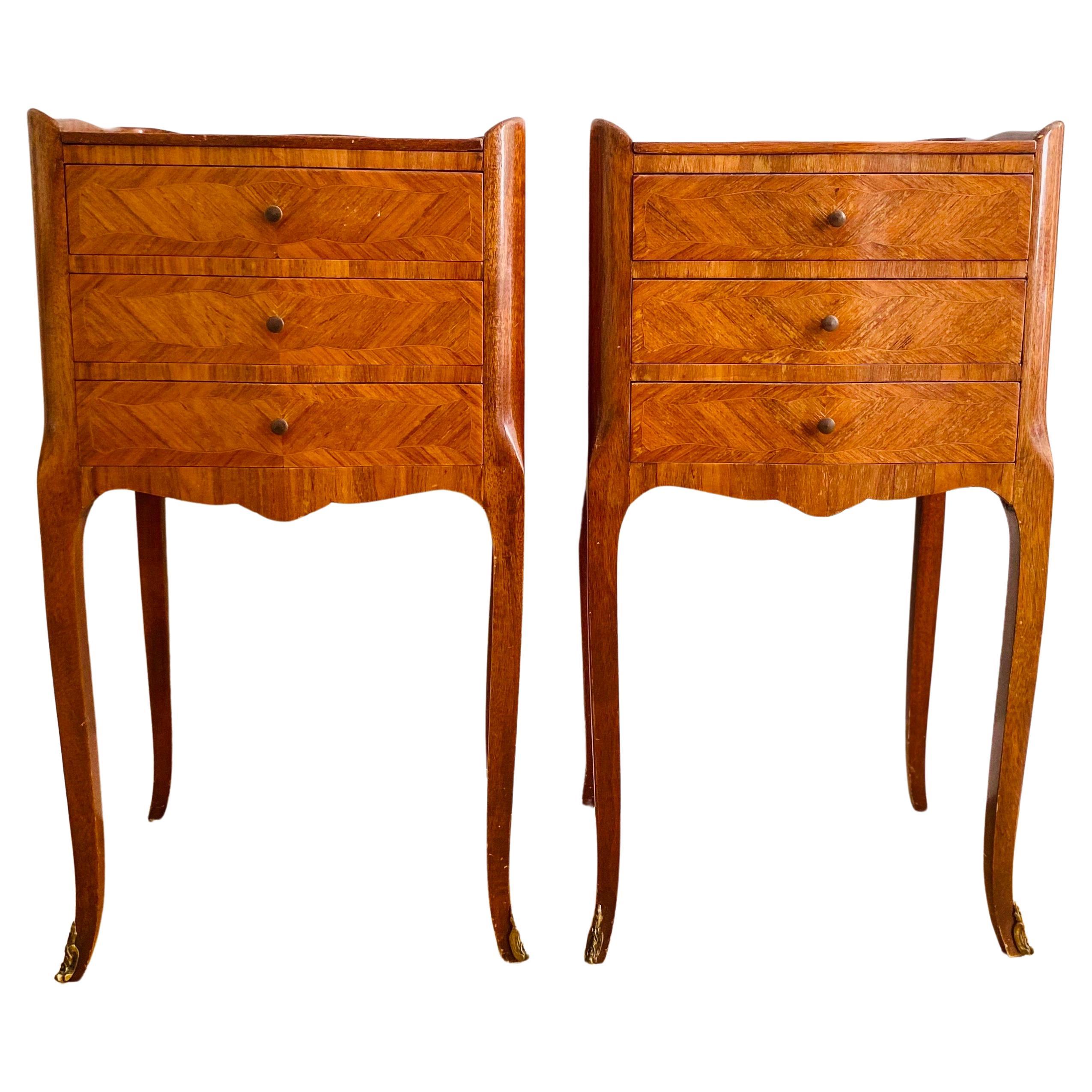 French Pair of Bedside Tables Nightstands Louis XV Style three Drawers, France 