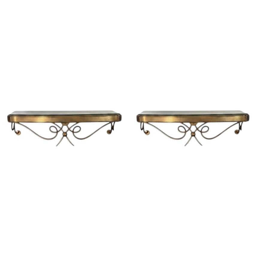 French Pair of Bedside Vanity Gilded Metal and Mirror Tables circa 1940 For Sale