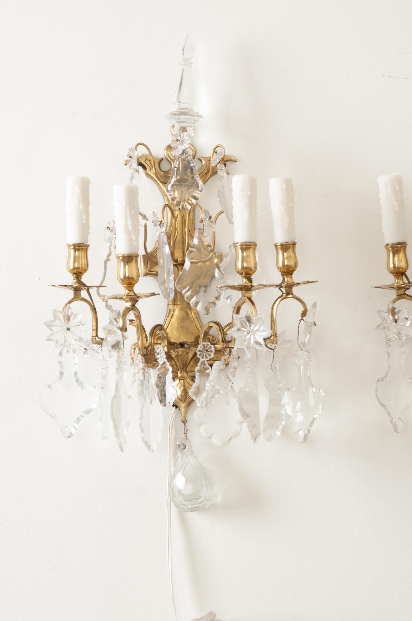 Other French Pair of Brass and Crystal Sconces For Sale