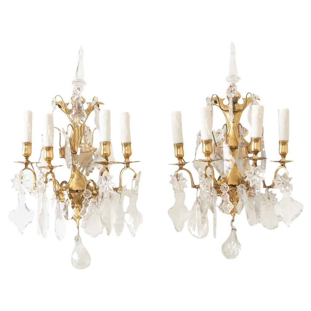 French Pair of Brass and Crystal Sconces For Sale